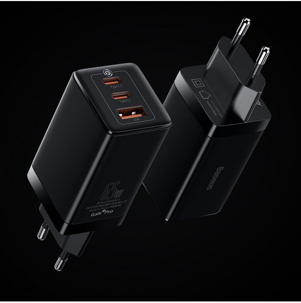 Baseus GaN3 Pro snabb universal GaN-laddare 2 x USB Typ C / USB + kabel USB Typ C - USB Typ C 65W PD3.0, QC4.0 +, AFC vit (CCGP0