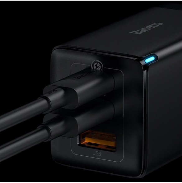 Baseus GaN3 Pro snabb universal GaN-laddare 2 x USB Typ C / USB + kabel USB Typ C - USB Typ C 65W PD3.0, QC4.0 +, AFC vit (CCGP0
