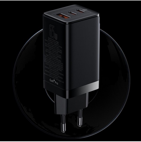 Baseus GaN3 Pro snabb universal GaN-laddare 2 x USB Typ C / USB + kabel USB Typ C - USB Typ C 65W PD3.0, QC4.0 +, AFC vit (CCGP0