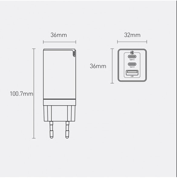 Baseus GaN3 Pro snabb universal GaN-laddare 2 x USB Typ C / USB + kabel USB Typ C - USB Typ C 65W PD3.0, QC4.0 +, AFC vit (CCGP0