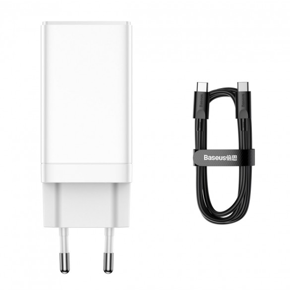 Baseus GaN3 Pro snabb universal GaN-laddare 2 x USB Typ C / USB + kabel USB Typ C - USB Typ C 65W PD3.0, QC4.0 +, AFC vit (CCGP0