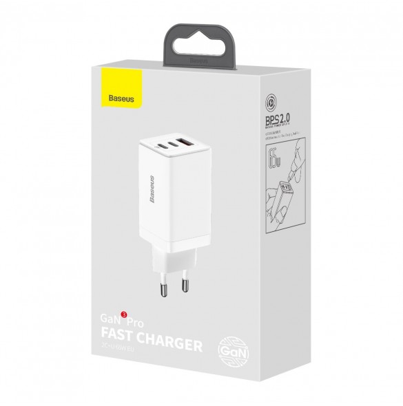 Baseus GaN3 Pro snabb universal GaN-laddare 2 x USB Typ C / USB + kabel USB Typ C - USB Typ C 65W PD3.0, QC4.0 +, AFC vit (CCGP0