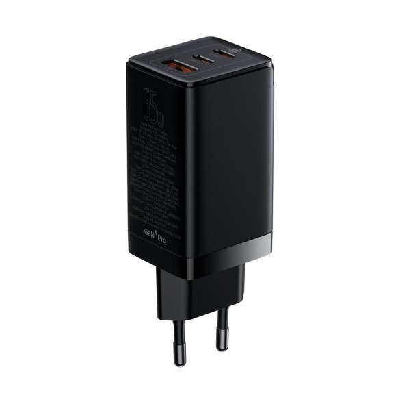 Baseus GaN3 Pro snabb universal GaN-laddare 2 x USB Typ C / USB 65W PD3.0, QC4.0 +, AFC svart + USB Typ C - USB Typ C-kabel 1m (