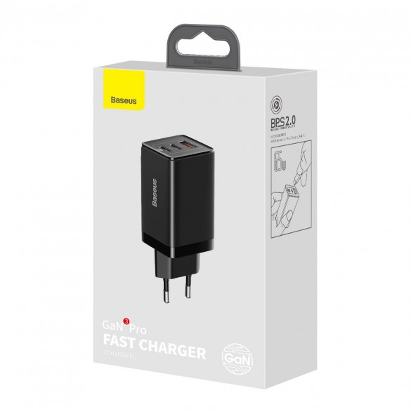 Baseus GaN3 Pro snabb universal GaN-laddare 2 x USB Typ C / USB 65W PD3.0, QC4.0 +, AFC svart + USB Typ C - USB Typ C-kabel 1m (