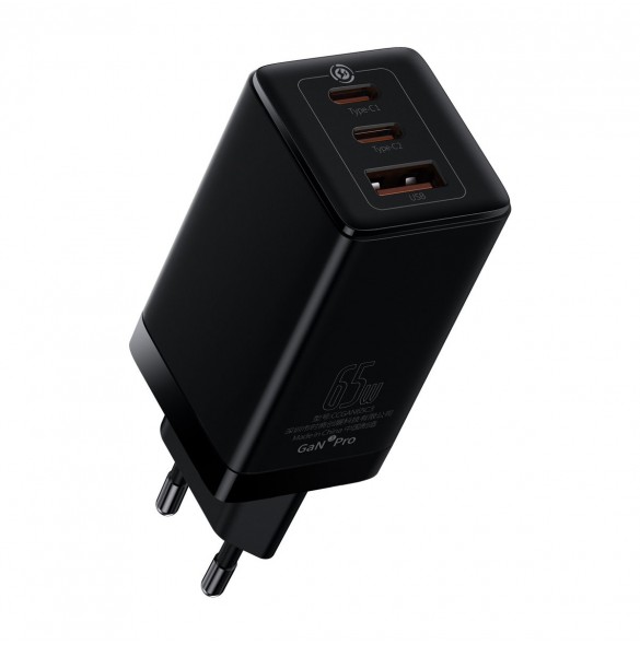 Baseus GaN3 Pro snabb universal GaN-laddare 2 x USB Typ C / USB 65W PD3.0, QC4.0 +, AFC svart + USB Typ C - USB Typ C-kabel 1m (
