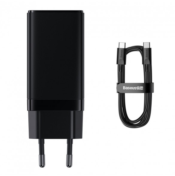 Baseus GaN3 Pro snabb universal GaN-laddare 2 x USB Typ C / USB 65W PD3.0, QC4.0 +, AFC svart + USB Typ C - USB Typ C-kabel 1m (