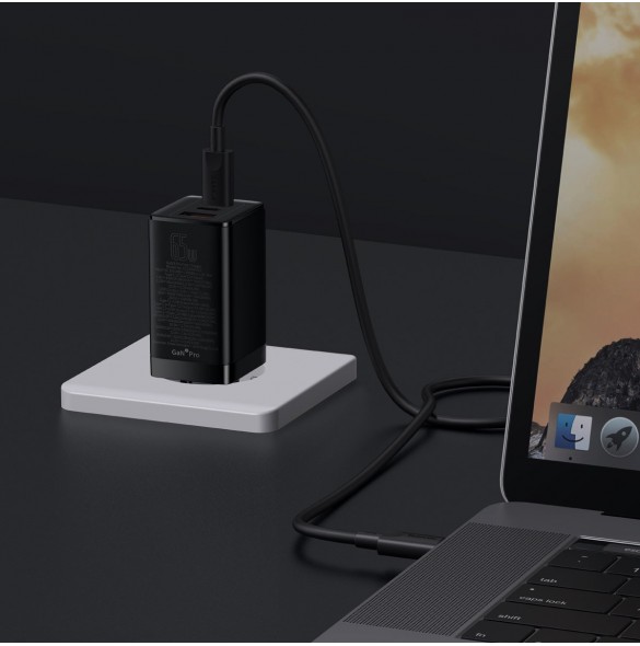 Baseus GaN3 Pro snabb universal GaN-laddare 2 x USB Typ C / USB 65W PD3.0, QC4.0 +, AFC svart + USB Typ C - USB Typ C-kabel 1m (