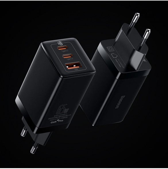 Baseus GaN3 Pro snabb universal GaN-laddare 2 x USB Typ C / USB 65W PD3.0, QC4.0 +, AFC svart + USB Typ C - USB Typ C-kabel 1m (