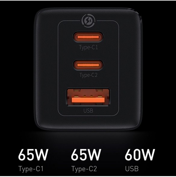 Baseus GaN3 Pro snabb universal GaN-laddare 2 x USB Typ C / USB 65W PD3.0, QC4.0 +, AFC svart + USB Typ C - USB Typ C-kabel 1m (