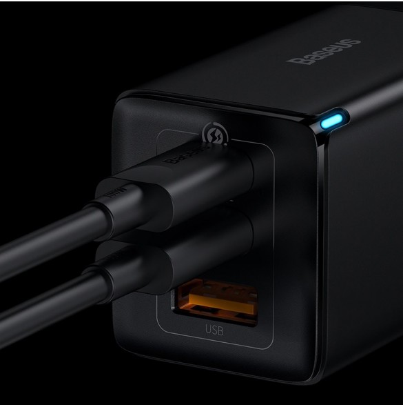 Baseus GaN3 Pro snabb universal GaN-laddare 2 x USB Typ C / USB 65W PD3.0, QC4.0 +, AFC svart + USB Typ C - USB Typ C-kabel 1m (