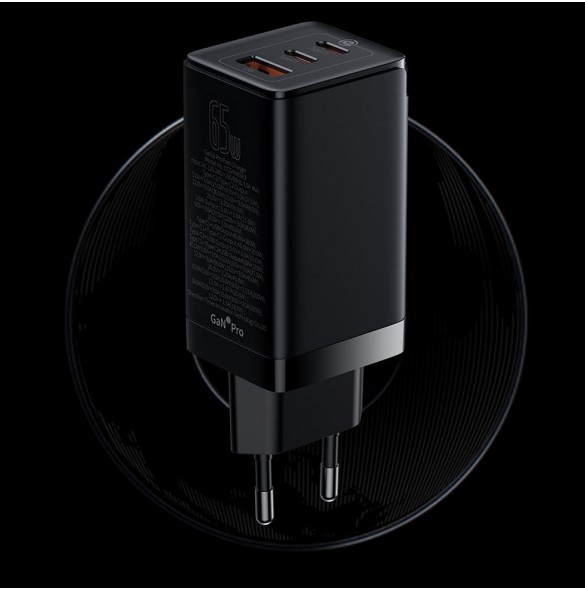 Baseus GaN3 Pro snabb universal GaN-laddare 2 x USB Typ C / USB 65W PD3.0, QC4.0 +, AFC svart + USB Typ C - USB Typ C-kabel 1m (