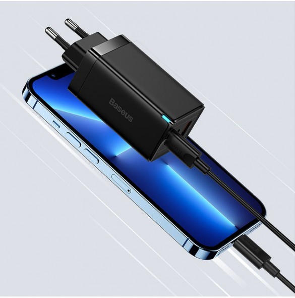Baseus GaN3 Pro snabb universal GaN-laddare 2 x USB Typ C / USB 65W PD3.0, QC4.0 +, AFC svart + USB Typ C - USB Typ C-kabel 1m (