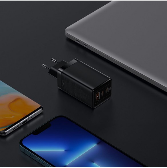Baseus GaN3 Pro snabb universal GaN-laddare 2 x USB Typ C / USB 65W PD3.0, QC4.0 +, AFC svart + USB Typ C - USB Typ C-kabel 1m (