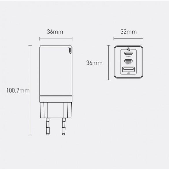 Baseus GaN3 Pro snabb universal GaN-laddare 2 x USB Typ C / USB 65W PD3.0, QC4.0 +, AFC svart + USB Typ C - USB Typ C-kabel 1m (