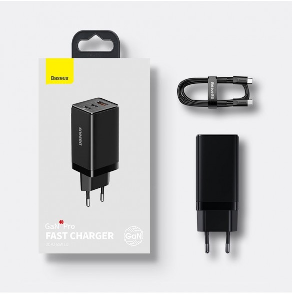 Baseus GaN3 Pro snabb universal GaN-laddare 2 x USB Typ C / USB 65W PD3.0, QC4.0 +, AFC svart + USB Typ C - USB Typ C-kabel 1m (