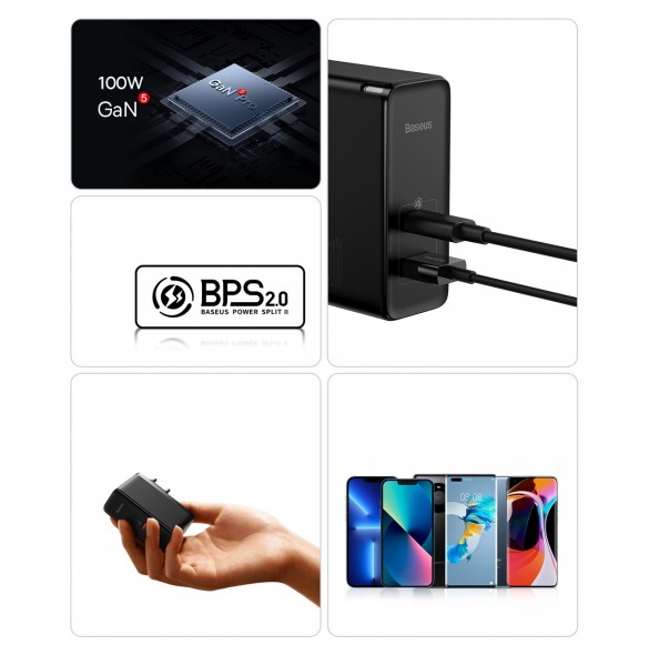 Baseus GaN5 Pro snabb universal väggladdare GaN USB Typ C / USB 100W PD3.0, QC4.0+, AFC svart (CCGP090201)