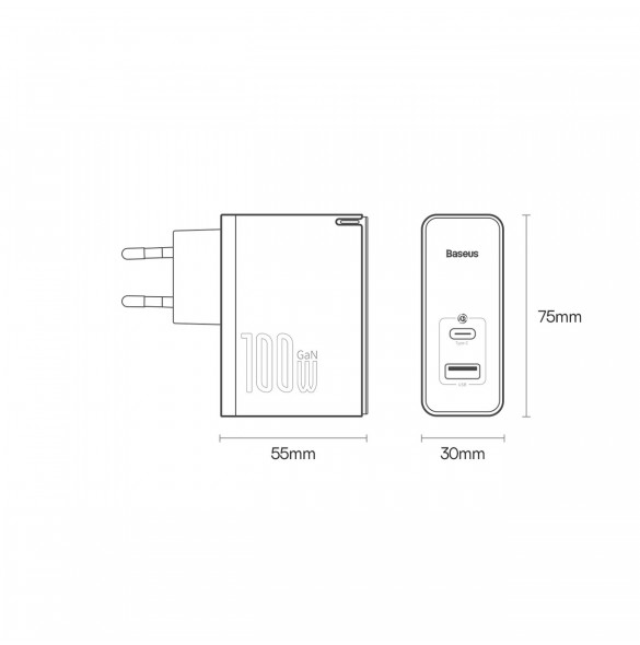 Baseus GaN5 Pro snabb universal väggladdare GaN USB Typ C / USB 100W PD3.0, QC4.0+, AFC svart (CCGP090201)
