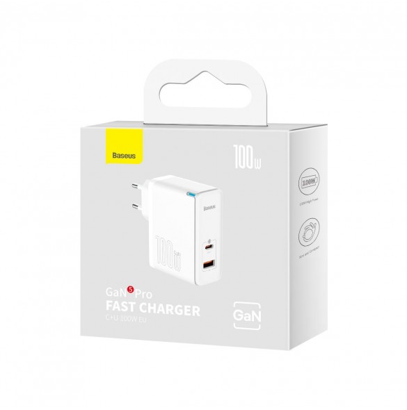 Baseus GaN5 Pro snabb universal väggladdare GaN USB Typ C / USB 100W PD3.0, QC4.0+, AFC vit (CCGP090202)