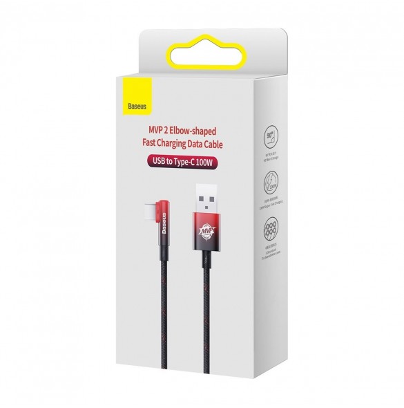 Baseus MVP 2 armbåge rätvinklad strömförsörjningskabel med sido-USB/USB Type C-kontakt 1m 100W 5A Röd (CAVP000420)