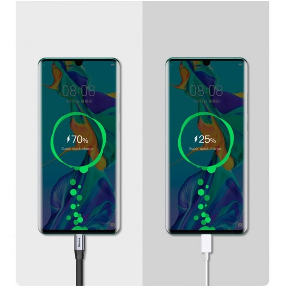 Baseus Enkel platt kabel USB-kabel / USB Typ C SuperCharge 5A 40W Quick Charge 3.0 QC 3.0 23cm grå (CATMBJ-BG1)