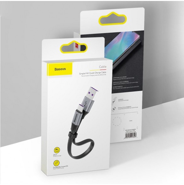 Baseus Enkel platt kabel USB-kabel / USB Typ C SuperCharge 5A 40W Quick Charge 3.0 QC 3.0 23cm grå (CATMBJ-BG1)