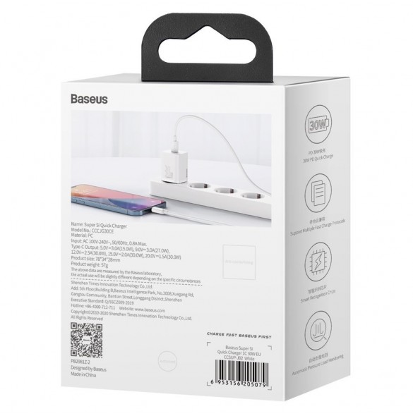 Baseus Super Si 1C snabbladdare USB Typ C 30W Strömförsörjning Snabbladdning vit (CCSUP-J02)