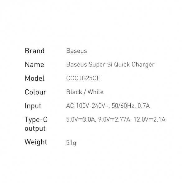Baseus Super Si 1C snabb väggladdare USB Typ C 25W Power Delivery Quick Charge vit (CCSP020102)