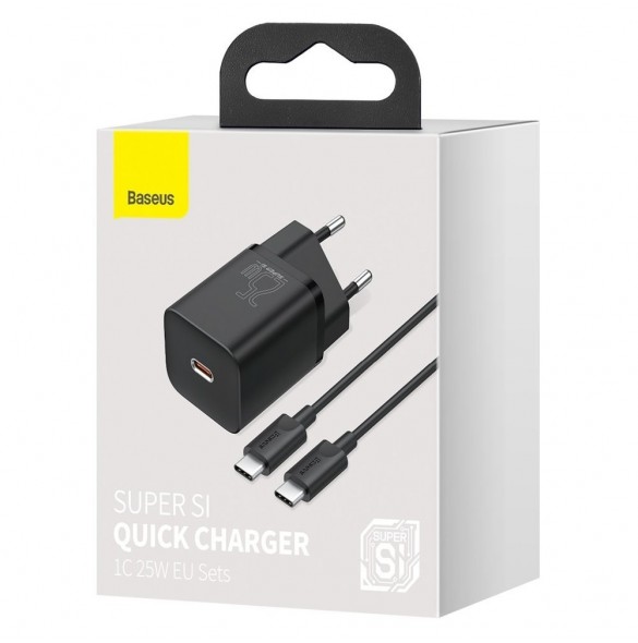 Baseus Super Si snabbladdare Quick Charge 3.0 Strömförsörjning 25W 3A + Kabel USB Typ C - USB Typ C 3A 1m svart (TZCCSUP-L01)