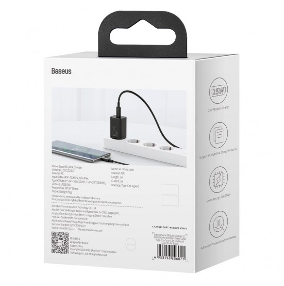 Baseus Super Si snabbladdare Quick Charge 3.0 Strömförsörjning 25W 3A + Kabel USB Typ C - USB Typ C 3A 1m svart (TZCCSUP-L01)