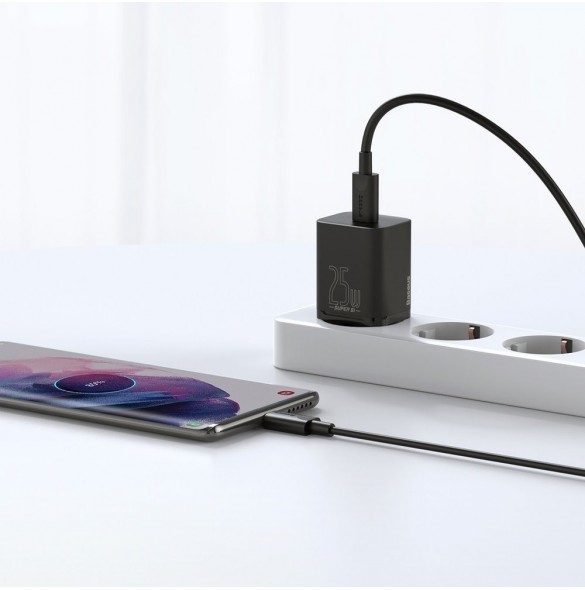 Baseus Super Si snabbladdare Quick Charge 3.0 Strömförsörjning 25W 3A + Kabel USB Typ C - USB Typ C 3A 1m svart (TZCCSUP-L01)