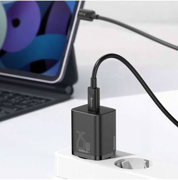 Baseus Super Si snabbladdare Quick Charge 3.0 Strömförsörjning 25W 3A + Kabel USB Typ C - USB Typ C 3A 1m svart (TZCCSUP-L01)