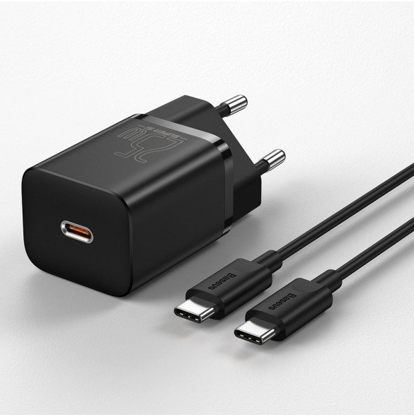 Baseus Super Si snabbladdare Quick Charge 3.0 Strömförsörjning 25W 3A + Kabel USB Typ C - USB Typ C 3A 1m svart (TZCCSUP-L01)