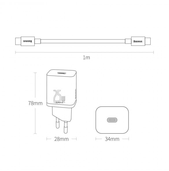 Baseus Super Si snabbladdare Quick Charge 3.0 Strömförsörjning 25W 3A + Kabel USB Typ C - USB Typ C 3A 1m svart (TZCCSUP-L01)