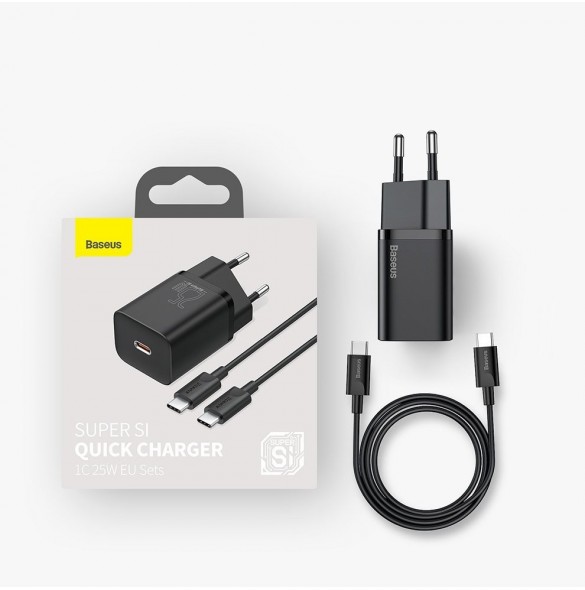 Baseus Super Si snabbladdare Quick Charge 3.0 Strömförsörjning 25W 3A + Kabel USB Typ C - USB Typ C 3A 1m svart (TZCCSUP-L01)