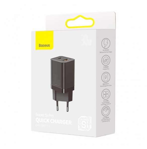 Baseus Super Si Pro snabbladdare USB / USB Typ C 30W Strömförsörjning Snabbladdning svart (CCSUPP-E01)