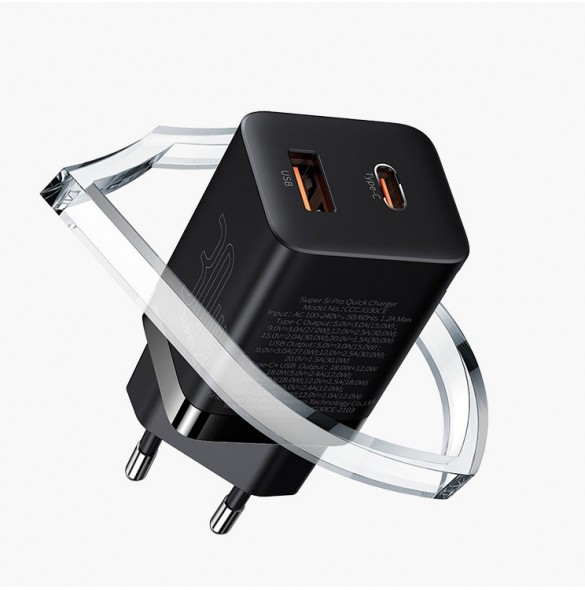 Baseus Super Si Pro snabbladdare USB / USB Typ C 30W Strömförsörjning Snabbladdning svart (CCSUPP-E01)
