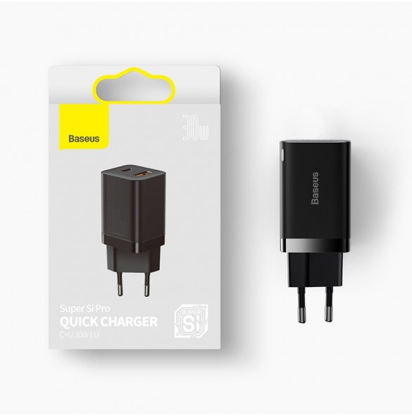 Baseus Super Si Pro snabbladdare USB / USB Typ C 30W Strömförsörjning Snabbladdning svart (CCSUPP-E01)