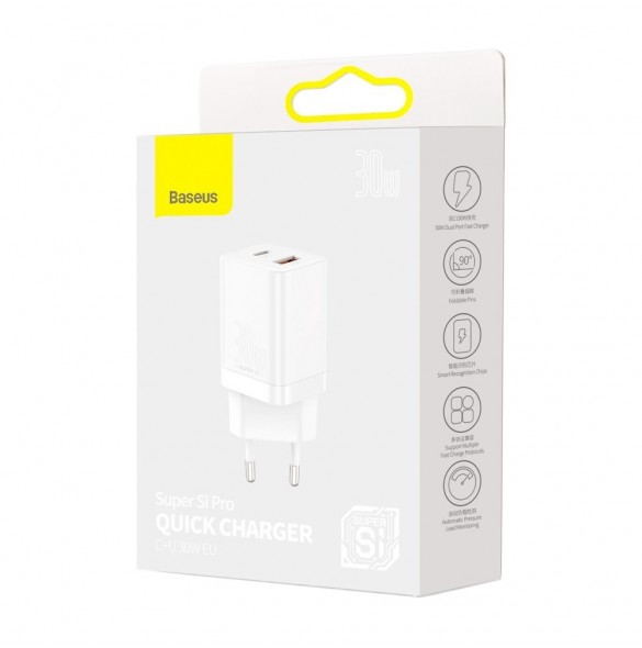 Baseus Super Si Pro USB / USB Typ C Snabbladdare 30W Strömförsörjning Snabbladdning vit (CCSUPP-E02)