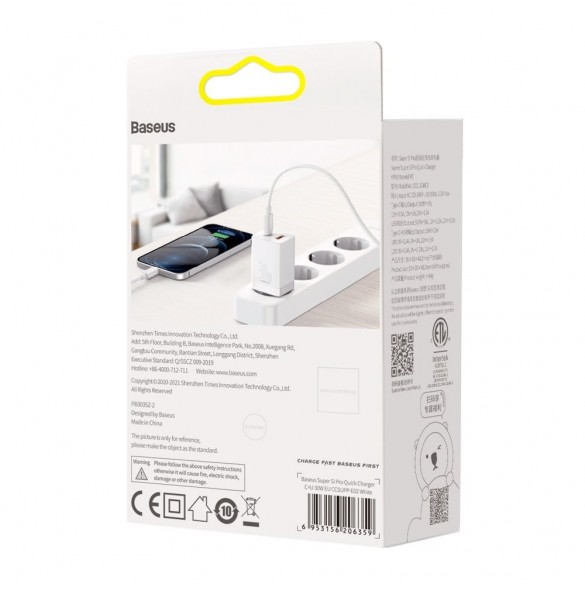 Baseus Super Si Pro USB / USB Typ C Snabbladdare 30W Strömförsörjning Snabbladdning vit (CCSUPP-E02)