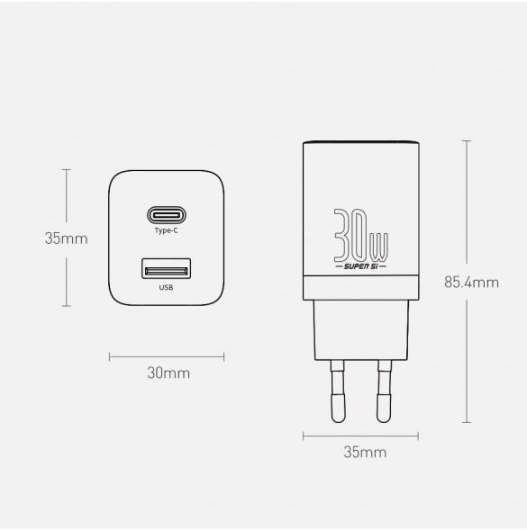 Baseus Super Si Pro USB / USB Typ C Snabbladdare 30W Strömförsörjning Snabbladdning vit (CCSUPP-E02)