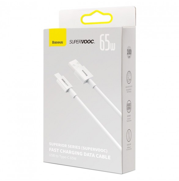 Baseus Superior Series SUPERVOOC USB-A till USB-C 65W 1m kabel vit