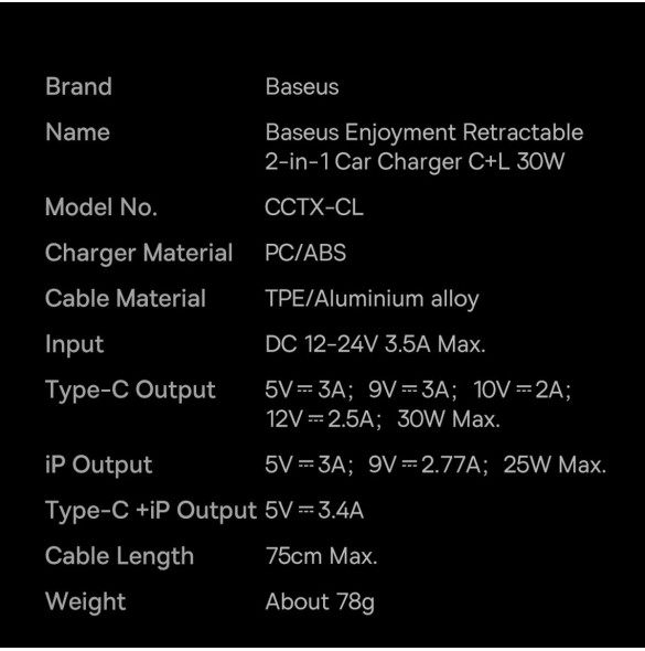 Baseus Enjoyment 2-i-1 billaddare 30W svart (CGTX000001)