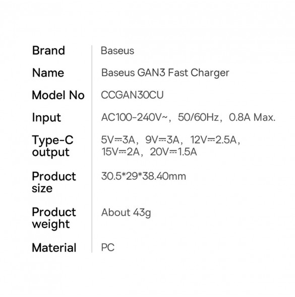 Baseus GaN3 snabbladdare 30W svart (CCGN010101)