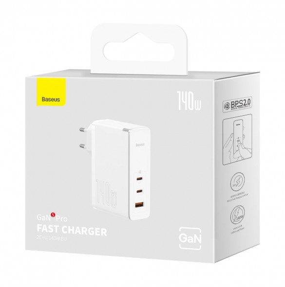 Baseus GaN5 Pro snabbladdare 2xUSB-C+USB 140W EU vit (CCGP100202)