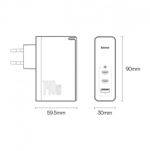 Baseus GaN5 Pro snabbladdare 2xUSB-C+USB 140W EU vit (CCGP100202)