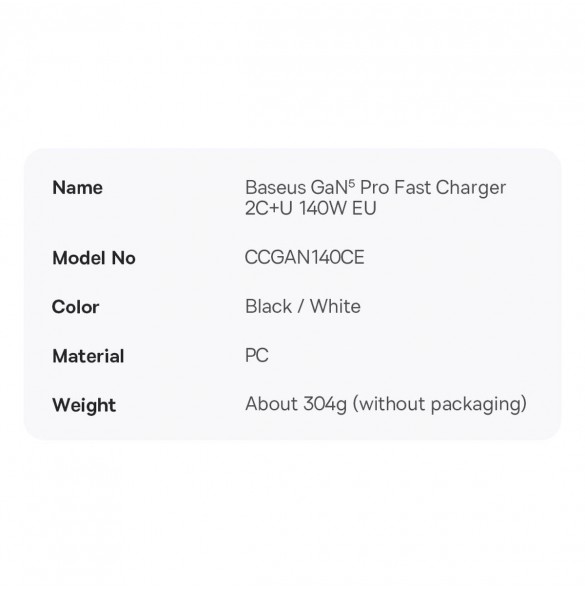 Baseus GaN5 Pro snabbladdare 2xUSB-C+USB 140W EU vit (CCGP100202)