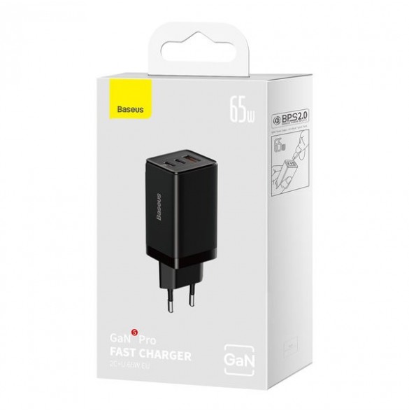 GaN 2xUSB C 1xUSB 65W snabbladdare Baseus GaN5 Pro + USB C - USB C 100W kabel - svart