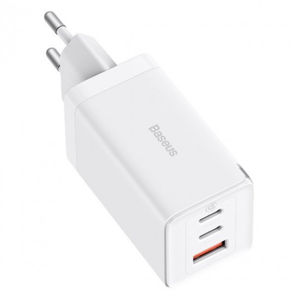 GaN 2xUSB C 1xUSB 65W snabbladdare Baseus GaN5 Pro + USB C - USB C 100W kabel - vit