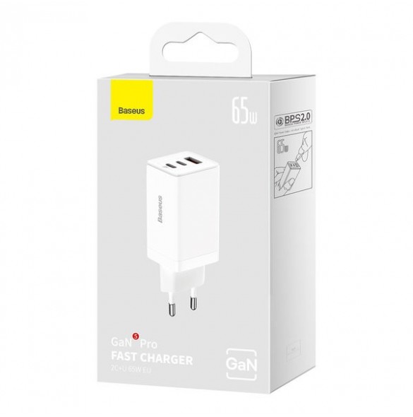 GaN 2xUSB C 1xUSB 65W snabbladdare Baseus GaN5 Pro + USB C - USB C 100W kabel - vit