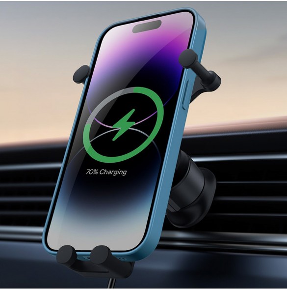 Baseus bilhållare med inbyggd 15W induktiv laddare för luftgallret grå